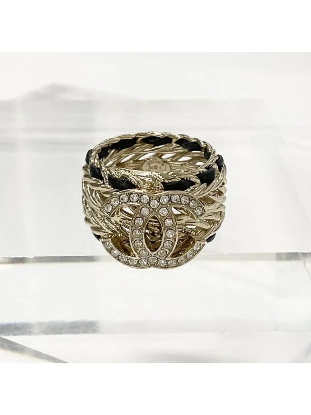 Chanel CC Logo Rhinestone Leather Ring Gold